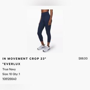 Lululemon In Movement Crop 23” size 10 Everlux leggings capris navy